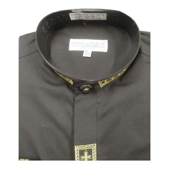 MEN'S DANIEL ELLISSA BLACK W/GOLD EMBROIDERY BANDED COLLAR DRESS SHIRT. DS2005C. - Picture 2 of 4